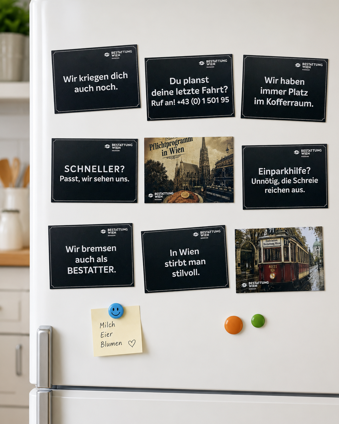 Magnete mit schwarzem Humor – verschiedene Sprüche