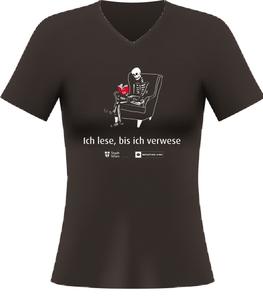 Women's T-shirt with "Ich lese bis ich verwese" caption from Bestattung Wien and Vienna Public Libraries