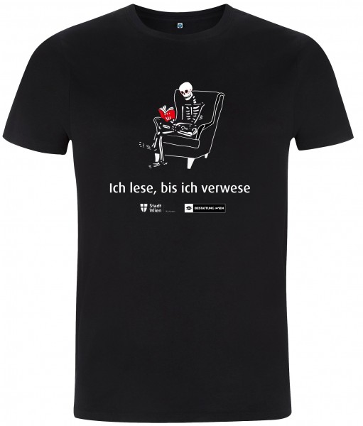 A unisex T-shirt with "Ich lese bis ich verwese" (german for "I am reading until I decay") from Bestattung Wien and Vienna Public Libraries